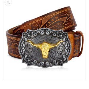 Bison Denim Men's Western Double Embossed Brown Leather Belt Size 110cm/33"-36"